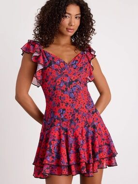 NWT Lulus Maulana Red and Black Floral Flutter Sleeve Mini Dress